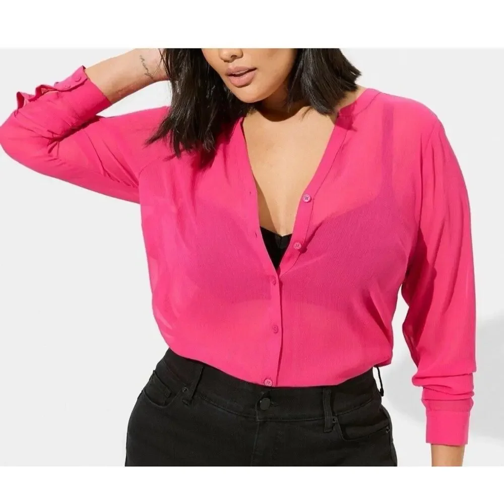 Torrid Chiffon Buton Down Size 1X Long Sleeve Blouse Pink BOHO - Picture 2 of 16